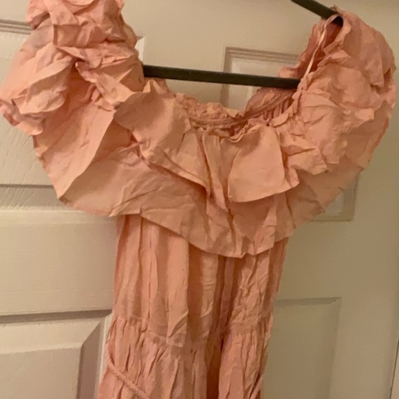 🆕Pink Off The Shoulder Flounced Flowy Ruffled Maxi Dress With Tasseled Belt - Picture 11 of 14